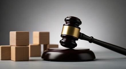 Obraz premium The building blocks of law. A judge's gavel is next to several randomly arranged wooden blocks, symbolizing the construction of a legal case or legislation.