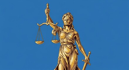 Fototapeta premium An ornate illustration of the goddess of justice, Themis, in a golden hue against a plain blue background. A modern, graphic depiction of the legal symbol.