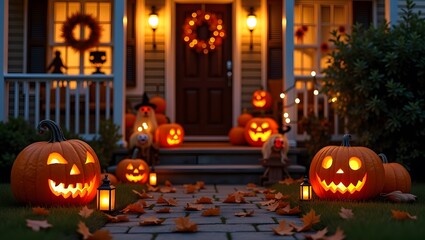 Realistic Halloween Porch Decor with Carved Pumpkins