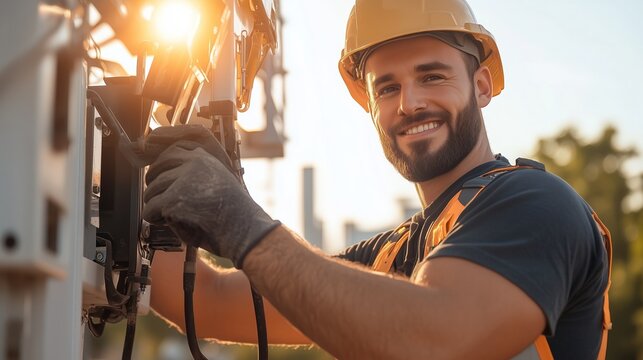 Construction worker in helmet smiling while working on equipment during golden hour