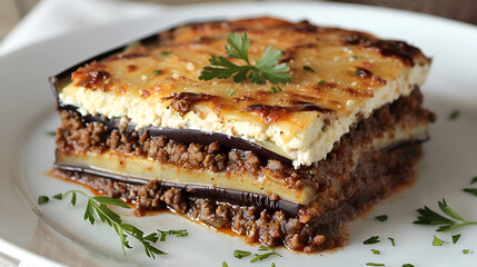 Savory moussaka dish presents a flavorful, layered combination of eggplant, meat, and creamy topping, a delicious Mediterranean cuisine classic.