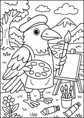 coloring book page, Anthropomorphic Animals, This talented crow paints scenes of nature with bold, black feathers!