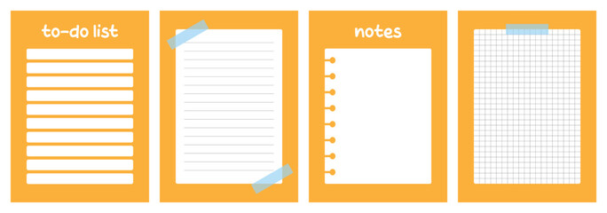 Set of four yellow notebooks with to do list, lined, spiral, and grid paper designs