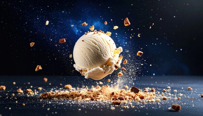 Floating vanilla ice cream scoop surrounded by crushed nuts and crumbs, with a dark cosmic background enhancing visual appeal