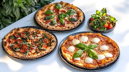Outdoor pizza restaurant meal, three pizzas, salad, garden