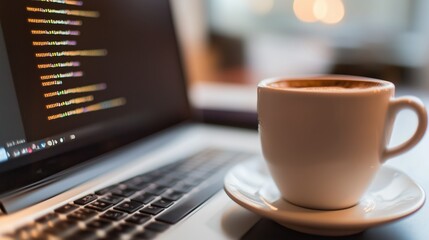 Warm coffee sits beside an open laptop displaying lines of code in a cozy workspace during the afternoon