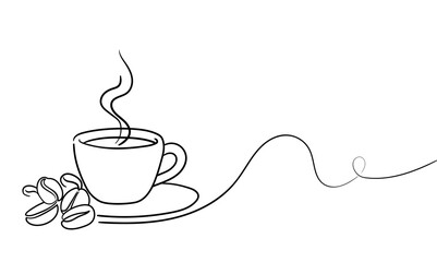 Breakfast theme with lineart coffee cup, continious line drawing. Vector illustration 