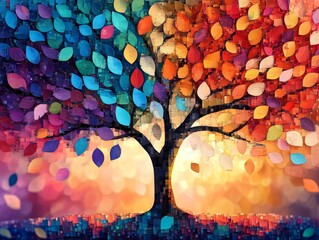 Colorful tree of life painting abstract art vibrant leaves nature landscape artwork design