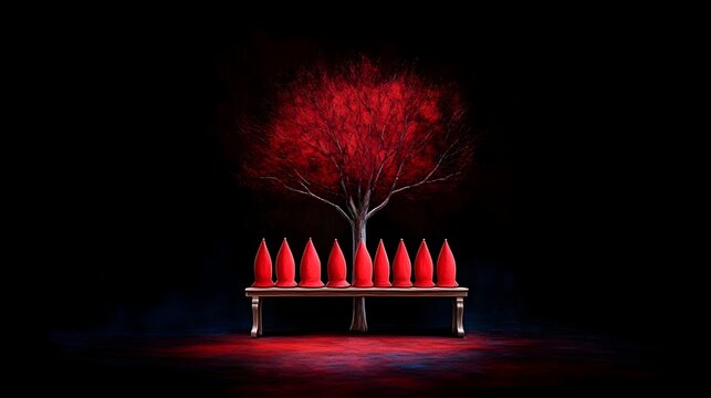 Red objects on bench, dark background, red tree, surreal art, album cover - Powered by Adobe