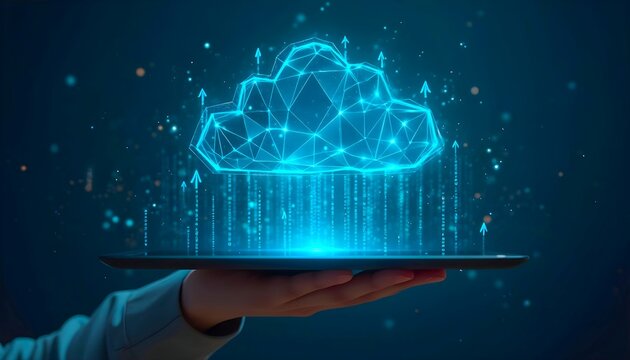Cloud computing technology concept hand holding digital tablet with cloud data storage network