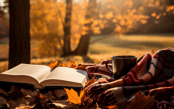 Open book with coffee mug and autumn leaves in a park on a sunny day view