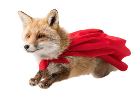 Fox superhero costume flying animal red cape isolated fantasy playful. fox wearing red superhero cape appears to be flying isolated transparency background creating whimsical and playful fantasy