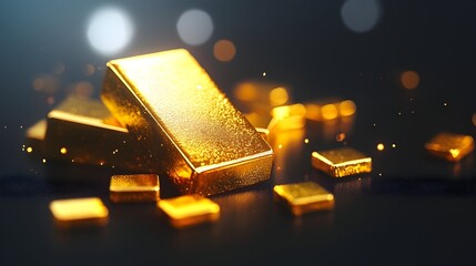Glowing gold bars and nuggets on dark surface