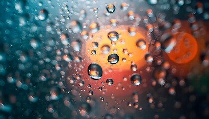 Macro photography of raindrops on glass with blurred background for desktop wallpaper and abstract art design