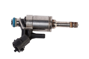 Close-up on a car fuel injector for supplying gasoline to cylinder engine on a white isolated...