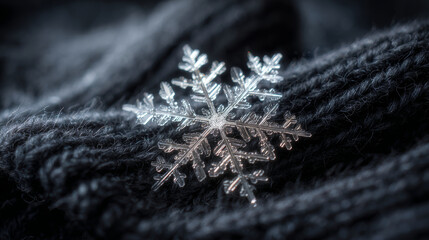 A detailed macro photograph of a perfect snowflake resting on a knitted surface.