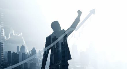 Celebrate Success Achieve Goals Businessman Victory Growth Chart Cityscape