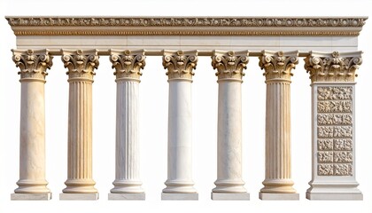 Obraz premium Ancient Roman Pantheon-style architecture with stone columns on a white background, symbolizing law and justice