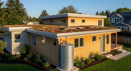 Modern sustainable house with green roof and rainwater harvesting system for eco friendly living design ideas