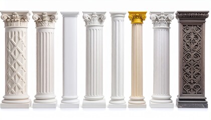 Obraz premium Ancient classical Greek and Roman temple columns and pedestals in white marble, isolated architectural elements