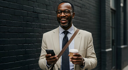 Happy businessman using smartphone coffee break urban commute success professional