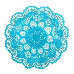 Intricate turquoise lace doily with delicate floral patterns isolated on transparent background