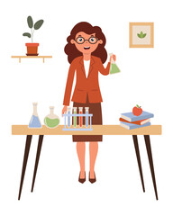 Scientist conducts experiment in laboratory room with multi-colored glassware and teaching materials. Lab assistant girl in business suit in chemistry lesson.Vector illustration in flat style.