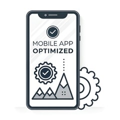 Naklejka premium A smartphone displays mobile app optimized with gears and mountains, isolated on white background, symbolizing digital technology and user interface design
