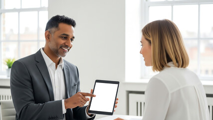 Financial advisor presenting blank tablet to client in sunlit office, ideal for finance-related design mockup