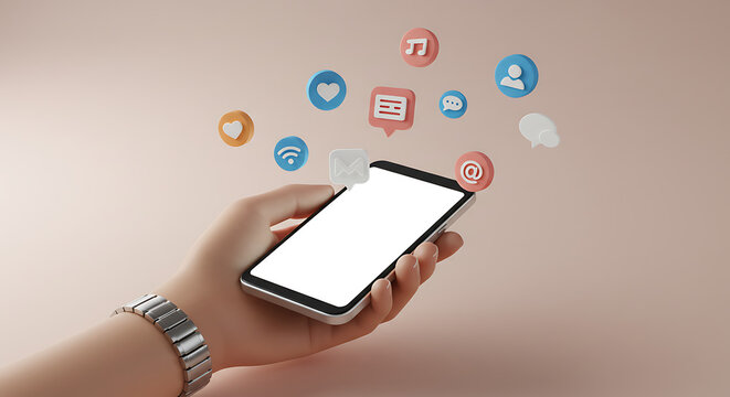 Mobile Phone Marketing Social Media Icons and Hand Presentation Promoting Digital Strategies Connectivity Communication Advertising and Modern Technology for Online Engagement Device