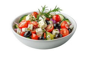 Delicious greek salad with feta cheese, tomatoes, cucumbers, and olives in white bowl, healthy eating and fresh ingredients isolated on transparent background
