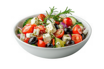 Delicious greek salad with feta cheese, tomatoes, cucumbers, and olives in white bowl, healthy eating and fresh ingredients isolated on transparent background