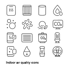 Indoor air quality icons set, collection of line art symbols related to clean and healthy home environment.