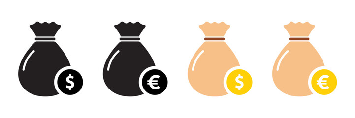 Dollar and euro budget concept featuring money bags representing both currencies. Set of money bag icons