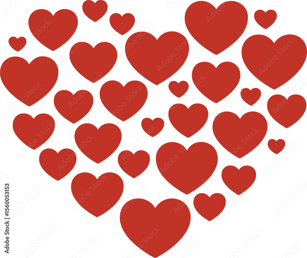 Poster a heartfelt array a collection of crimson hearts arranged in a heart shape against a transparent bac