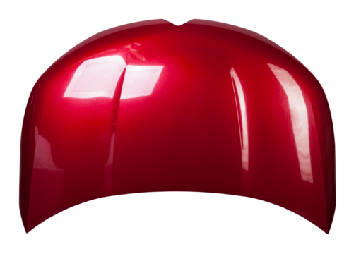 Red iron hood on an isolated background in a photo studio separately after staining and straightening. Bonnet in a car service for sale.