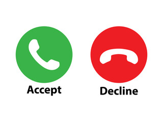 Phone call icon set. Answer and reject call buttons. Green and red icons with handset shapes.