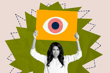 Collage of stressed person under large symbolic eye representing surveillance spying fear control...