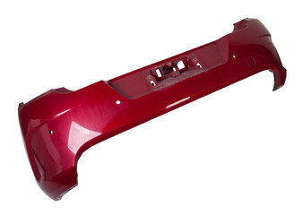 Close up of a red rear car bumper isolated on white background. Spare parts catalog for bodyshop, garage and paint services.