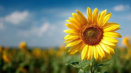 Fototapeta premium A stunning close-up captures a vibrant sunflower in a field of flowers.