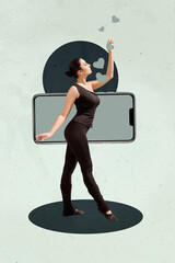 Contemporary artwork collage of happy girl guy stand phone heart notification icon social media...