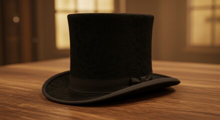Black Top Hat on Wooden Surface


