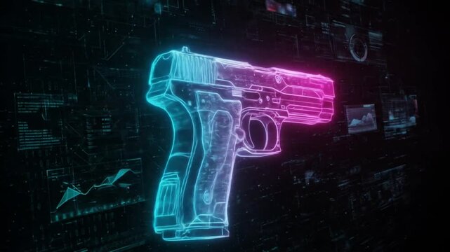 Futuristic neon gun outline with blue and pink glow against a dark technological background