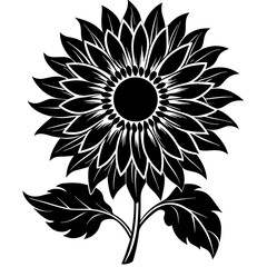 Detailed black silhouette of a sunflower with leaves on a white background