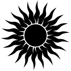 Stylized black sun with jagged rays and circular core in a bold silhouette