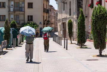Pilgrims with umbrellas in the sun on the Way of St. James. Zubiri-Pamplona stage.