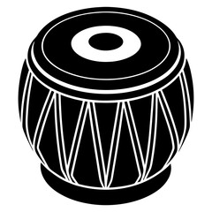 A detailed black and white silhouette of a tabla drum used in indian classical music