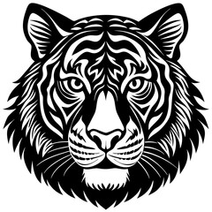 Intricate black and white tribal tiger head face with bold stripes and whiskers silhouette
