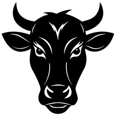 Fierce black bull head facing forward with sharp horns and intense eyes silhouette