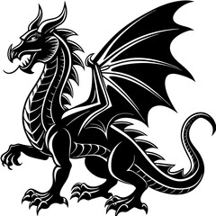 Intricate black dragon with large wings and sharp claws standing proudly in a stylized silhouette